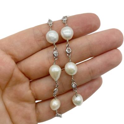 Цепочка с жемчугом и фианитами, серебристая, 10 см Ц 40