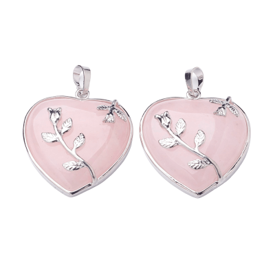 Подвеска Сердце, розы, розовый кварц, 36х38 мм