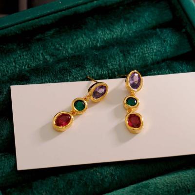 Серьги Волны с цветными кристаллами, золотистые с заглушками, СТ.15