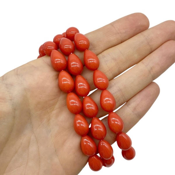 Бусины стекло капля, коралловый, 13x9 мм, нить 40 см, НП.Е1.15