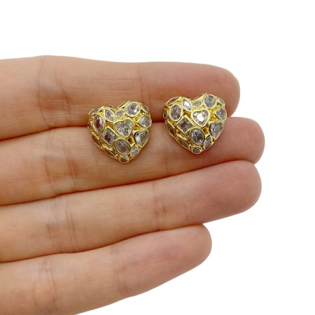Серьги пусеты Сердце кристаллы с заглушками, 15x16 мм, 18.38