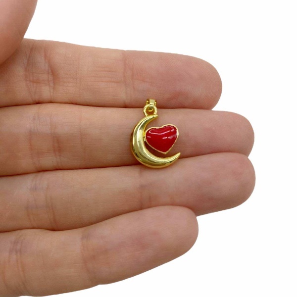 Подвеска Луна и Сердце, красный эмаль, 12x16 мм, 2.48